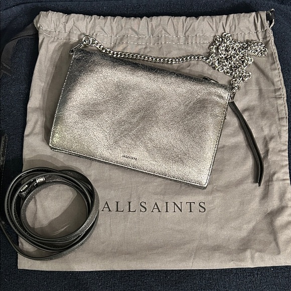 All Saints Handbags - All Saints Metallic Gun Smoke Grey Cross Body Wristlet with 2 Straps